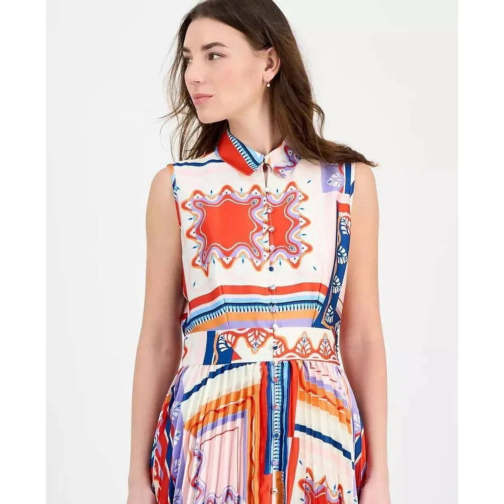 Tahari Women’s Printed Pleated Midi Shirtdress Como Tile Print 10 $138 NWT - Picture 4 of 10